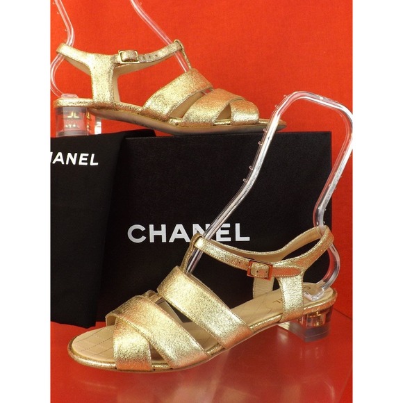 NIB CHANEL G30585 GOLD SHIMMER SUEDE STRAPPY CC LOGO LUCITE HEEL SANDALS 36.5 - Picture 1 of 12